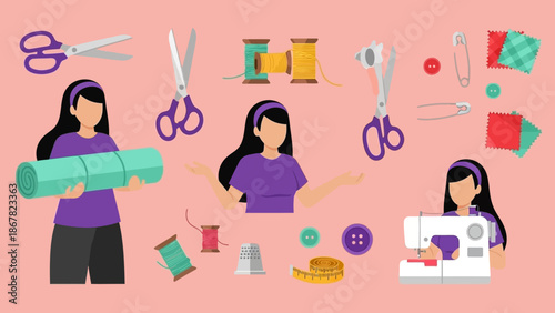 Woman sewing and crafting with various materials and tools.