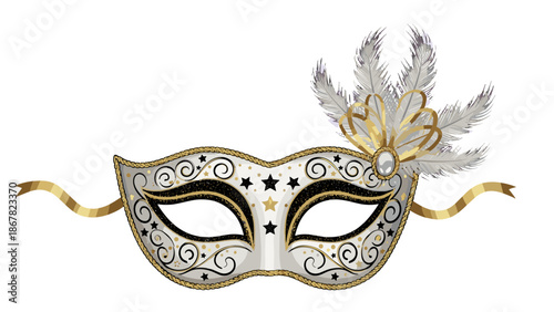 A decorative masquerade mask with feathers and ribbons in a luxurious design