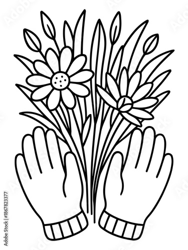 Blooming Bouquet in Hand: A delicate hand-drawn illustration depicts a bouquet of flowers gently held within a pair of hands. A serene emblem of nature's beauty and care.