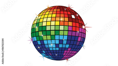 A colorful disco ball illustration with a shiny reflective surface and rainbow tiles