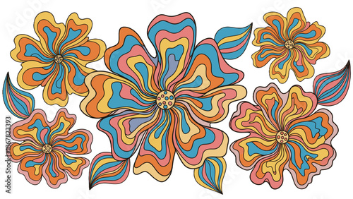 A colorful floral illustration of six flowers with vibrant petals and leaves