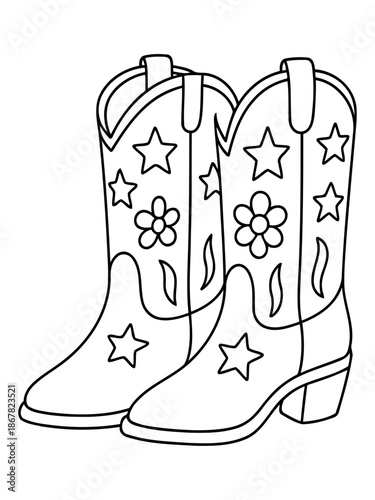 Cowboy Boots: Artistic illustration of a pair of detailed cowboy boots. The focus is on the intricate design, with stars and flowers adding a touch of whimsy.