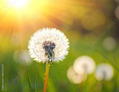 A close-up showcases a fluffy dandelion head catching sunlight, illuminating the green grass. Bokeh dots add depth