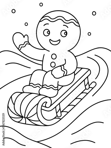 Gingerbread man on Sled: A jovial gingerbread man, brimming with holiday cheer, embarks on a winter sledding adventure through a snowy wonderland.