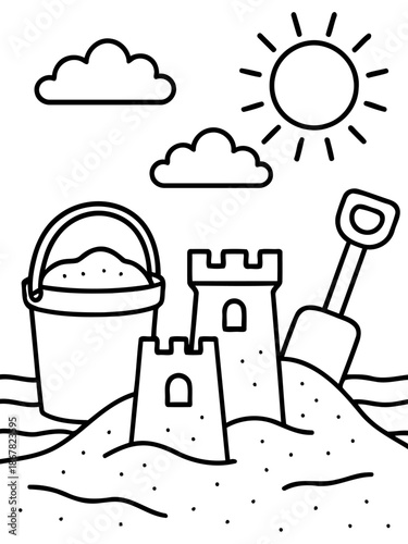 Sandcastle Playtime: A playful sandcastle scene unfolds under a bright sun and fluffy clouds, with a shovel and bucket adding to the sunny day fun.