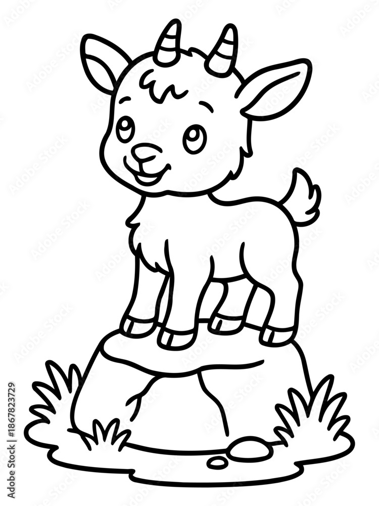 Obraz premium Goat Standing on a Rock: A charming illustration depicts a cute goat perched atop a rugged rock, embodying innocence and curiosity. 