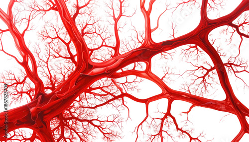 A vibrant, close-up visualization depicts a branching, vascular network with red hues, resembling a biological structure