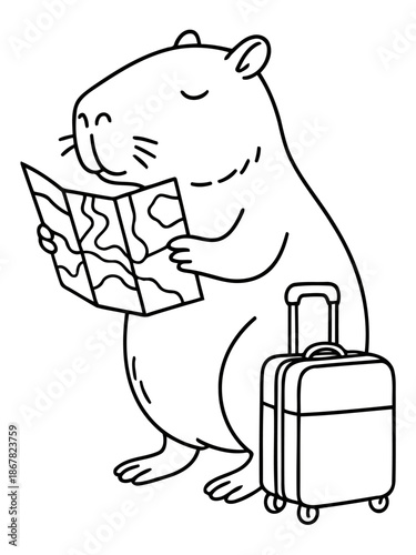 Adventure-Ready Rodent: An adorable rodent, map in hand, stands beside a suitcase, setting off on a thrilling journey. This illustration captures the spirit of exploration and travel.