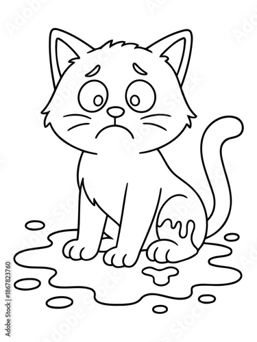 Whimsical Woes: A sketch-style illustration captures a sad feline seated in a pool of mess, showcasing innocence amidst a comical mishap.
