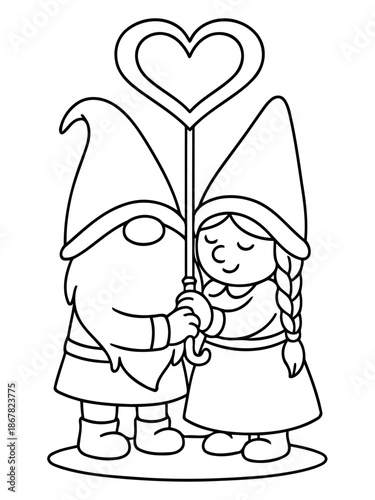 Love's Embrace: Two charming garden gnomes, sharing a loving moment by holding a heart shape together, symbolizing affection, partnership, and the joy of togetherness.