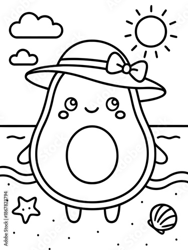 Sunny Avocado's Beach Day: A cute, happy avocado character wearing a stylish sunhat enjoys a sunny beach day. Smiling with glee, this cheerful fruit embodies summer fun.