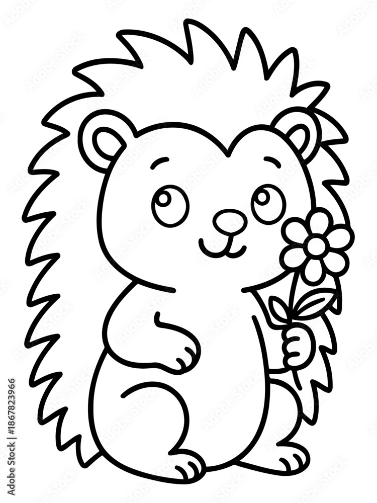 Fototapeta premium Hedgehog Holding Flower: An adorable, cartoon-style hedgehog, delicately holding a delicate flower, radiates warmth and charm.
