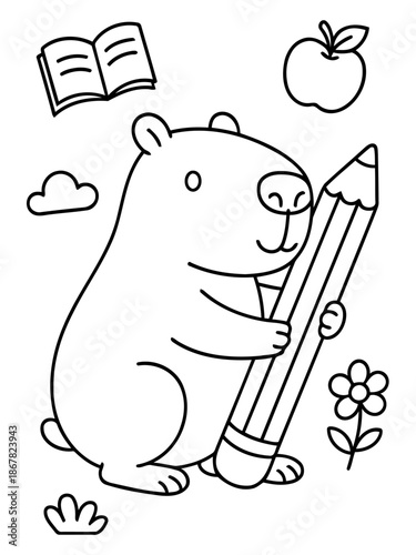 Cute Hamster's School Essentials: A charming hamster, pencil in paw, surrounded by a book, apple, cloud and flower, creating a playful educational scene.