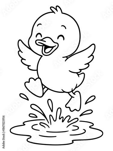 Joyful Leap: An outline of a cheerful duckling taking a joyful leap, splashing into a puddle of water. It's a delightful illustration that captures the essence of carefree fun.