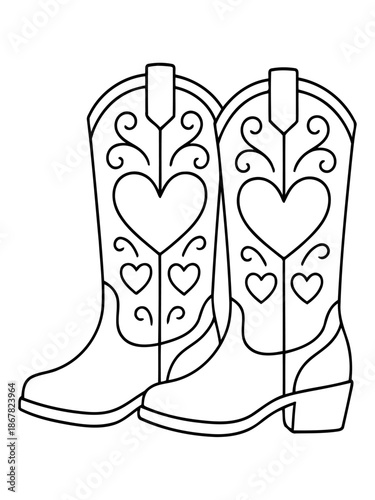 Heartfelt Western Footwear: A charming pair of cowboy boots adorned with hearts, embodying a blend of rugged tradition and romantic spirit. It's a tribute to the enduring allure of the West.