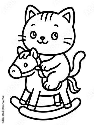 Whimsical Cat's Playtime: An adorable cartoon cat joyfully rides a rocking horse, creating a scene of playful innocence and childhood fun.