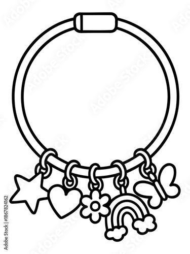 Charm Bracelet Illustration: Delicate outline of a charm bracelet featuring a star, heart, flower, rainbow, and butterfly, symbolizing joy and dreams. 