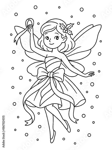 Enchanting Fairy: A delightful fairy with delicate wings and a radiant smile is surrounded by gentle snowflakes, creating a magical and whimsical scene. 