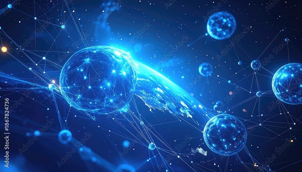 Obraz premium Glowing, connected spheres form network in blue space