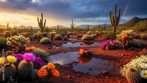 Vibrant desert flowers after rainfall landscape.