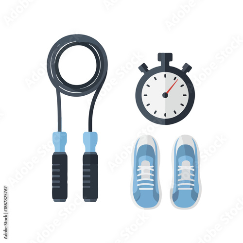 Jump rope sneakers and stopwatch for fitness training.