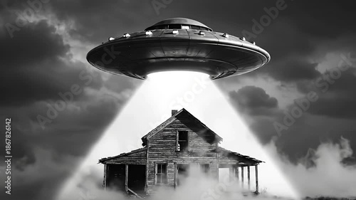 Retro Sci-Fi Flying Saucer Abduction Scene at Old Cabin
