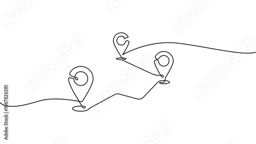 Continuous line location pin path illustration vector, map navigation route connection and travel destination concept