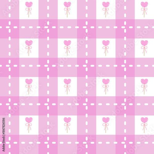 Seamless Pattern with Heart Lollipop and Gingham Background