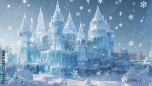 Majestic ice castle glistens under a snowfall, a winter wonderland of crystalline structures