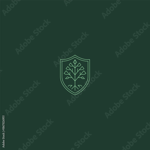 Tree and shield line art logo representing protection, growth, and balance.