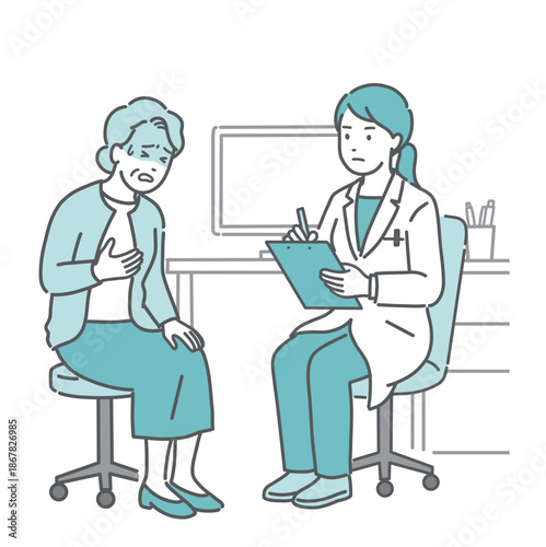 体調不良を訴える高齢女性と女性医師（白衣・問診）