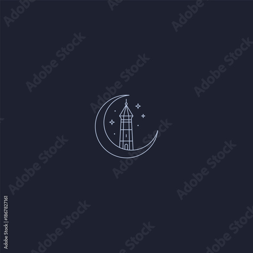 Moon and tower line art logo representing guidance, mystery, and strength.