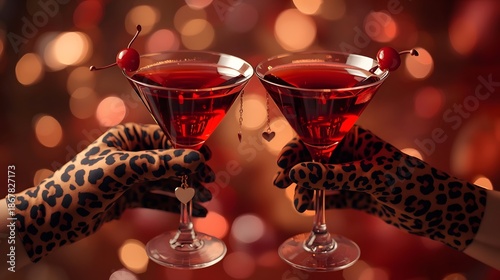two elegant martini glasses clinking together in the center of the frame. The glasses are filled with a deep ruby red cocktail with smooth reflections and realistic transparency