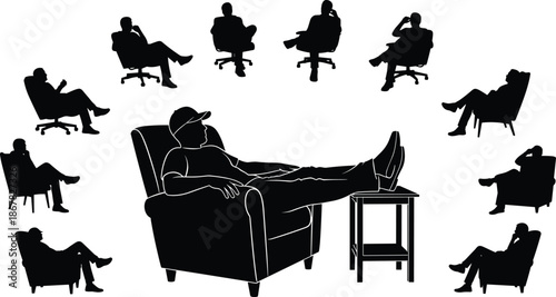 Man relaxing in armchair silhouette set, black vector illustration showing seated businessman poses, comfort leisure concept, isolated on white background