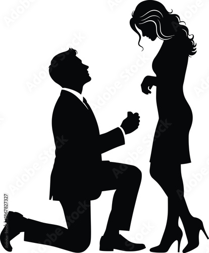 Man proposing marriage silhouette, black vector illustration of romantic engagement moment, kneeling proposal scene, love relationship concept, isolated on white background