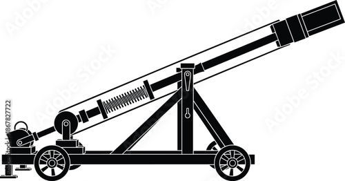 Medieval trebuchet siege engine silhouette illustration, ancient warfare catapult machine, historical military weapon concept, classic engineering artillery device, isolated black vector design