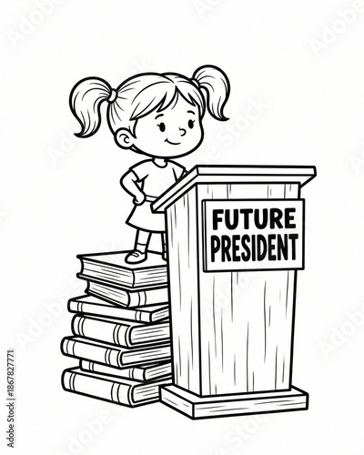 Inspirational cartoon of a girl as 'Future President' at a podium. Black and white line art for coloring, symbolizing female empowerment, education, and leadership.