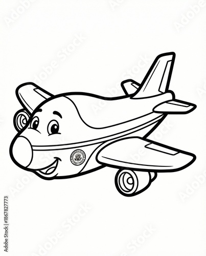Cute Cartoon Air Force One Presidential Airplane Coloring Page. Black and white line art illustration for kids with smiling face and US President seal.