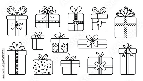 Collection of beautifully wrapped gifts with bows and ribbons in various patterns and designs on white background