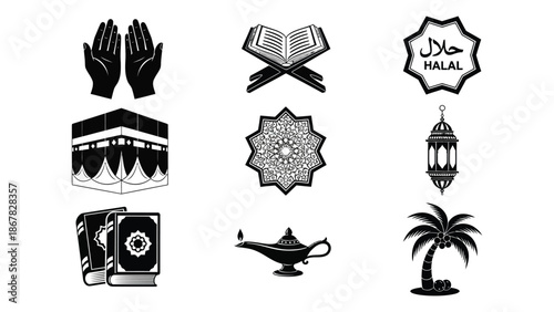 Islamic symbols and icons including hands kaaba quran halal sign lantern palm tree and lamp on white background