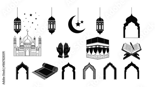 Islamic symbols and architecture including mosques lanterns crescent moon and holy book illustrations
