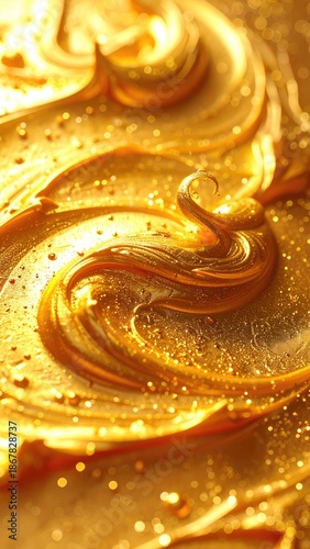 Golden, glossy swirling mass with tiny sparkles