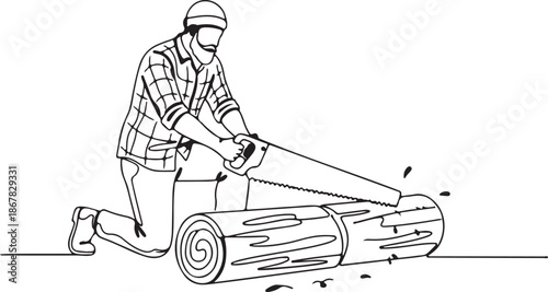 Continuous line drawing of a man sawing a log, depicting manual woodworking, forestry work, or a craftsman cutting timber with a handsaw.