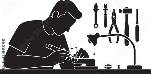 Craftsman or jeweler meticulously working on jewelry, creating or repairing a ring with precision tools under a bright lamp in a workshop setting. This illustration captures the delicate artisan proce