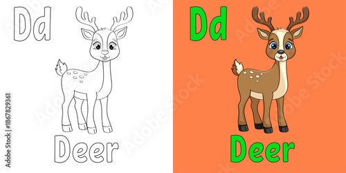 Animal Alphabet Letter d – Deer. Cute ABC Educational Illustration for Kids, Printable Vector