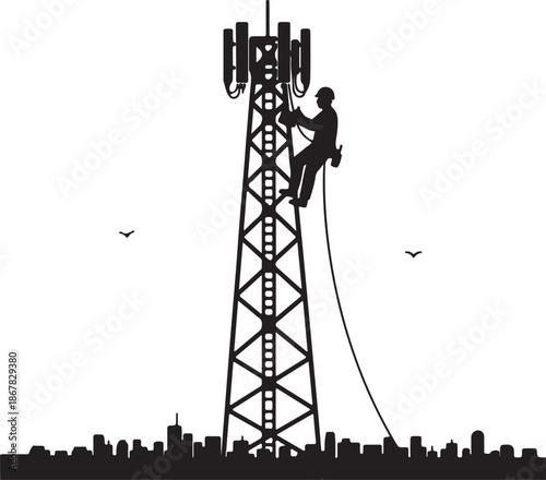 Silhouette of a telecommunication worker on a cell tower, performing maintenance or installation, with a city skyline below. Represents network connectivity, mobile communication, technical service 