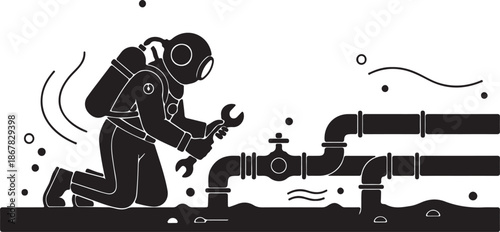 Diver performing underwater pipe repair and maintenance, fixing a submerged pipeline infrastructure illustration