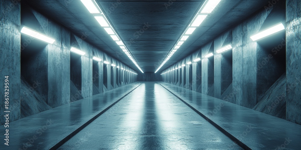 Fototapeta premium A long tunnel with lights on the ceiling. The tunnel is empty