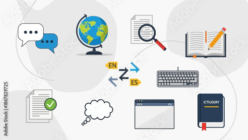 Illustration depicting language translation services, global communication, and digital learning tools with various icons.