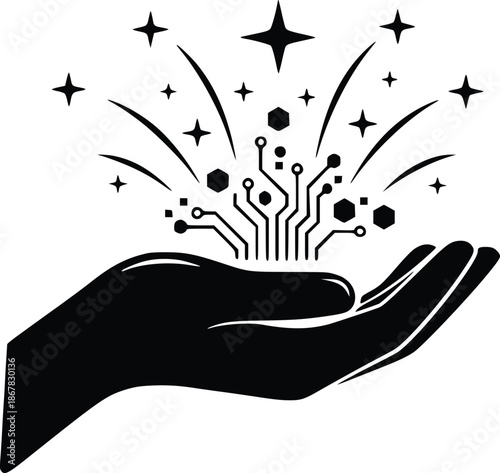 vector icon of a hand holding glowing circuits and stars, represents ai generation, digital creativity, and futuristic technology innovation